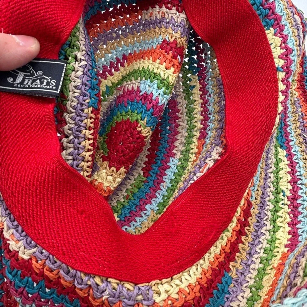 Womens Rainbow Crochet Straw Sun Hat Multicolor Raffia Beach Resort Boho Garden